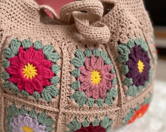 Crochet Floral Granny Square Tote Bag, Crochet Patchwork Bag, Bohemian Crochet Purse ,Brown Festival Bag, Afghan Crochet Bag, Retro Bag