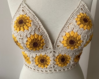 Canotta all'uncinetto amante del girasole / Top corto lavorato a maglia fatto a mano / Bralette all'uncinetto / Reggiseno floreale Boho / Top corto estivo naturale / Reggiseno fatto a mano