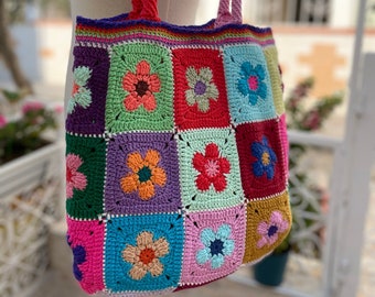 Borsa all'uncinetto estiva floreale, borsa tote, borsa a maglia fatta a mano afgana, borsa all'uncinetto, borsa hippie, stile Boho, borsa quadrata della nonna colorata