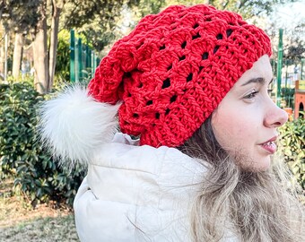 Slouchy Beanie / Chunky Beanie / Winter Hat / Christmas Beanie / Red Crochet Hat / Christmas Gift / Boho Hat / Hippie Beanie