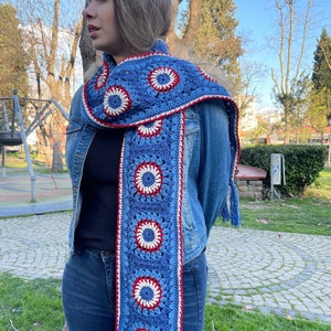 Marin Color Crochet Scarf | Granny Square Scarf | Crochet Wrap | Crochet Accessory | Winter Scarf | Blue Scarf | Gift for Her | Boho Scarf