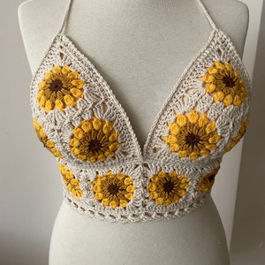 Sunflower Lover Crochet Tank Top Knitted Handmade Crop Top Crochet Bralette Boho Floral Bra Natural Summer Crop Top Handmade Bra image 1