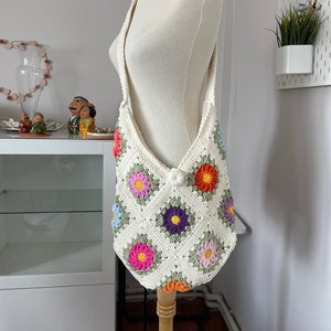 Crochet Granny Square Tote Bag: Handmade Cotton Boho Hobo Bag