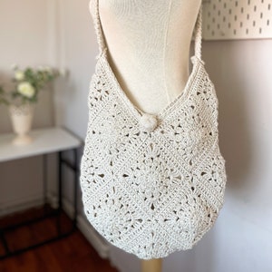 Handmade Beige Crochet Granny Square Bag: Boho Cotton Tote