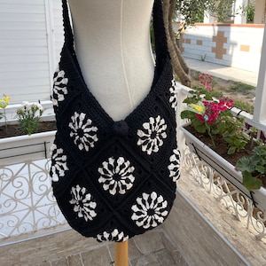 Afghan Black Crochet Bag, Tote Bag, Black Handmade Knitted Bag, Crochet Purse, Hippie Bag, Boho Style, Colorful Granny Square Purse