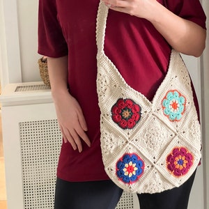 Crochet Floral Granny Square Tote Bag: Handmade Cotton Boho Purse