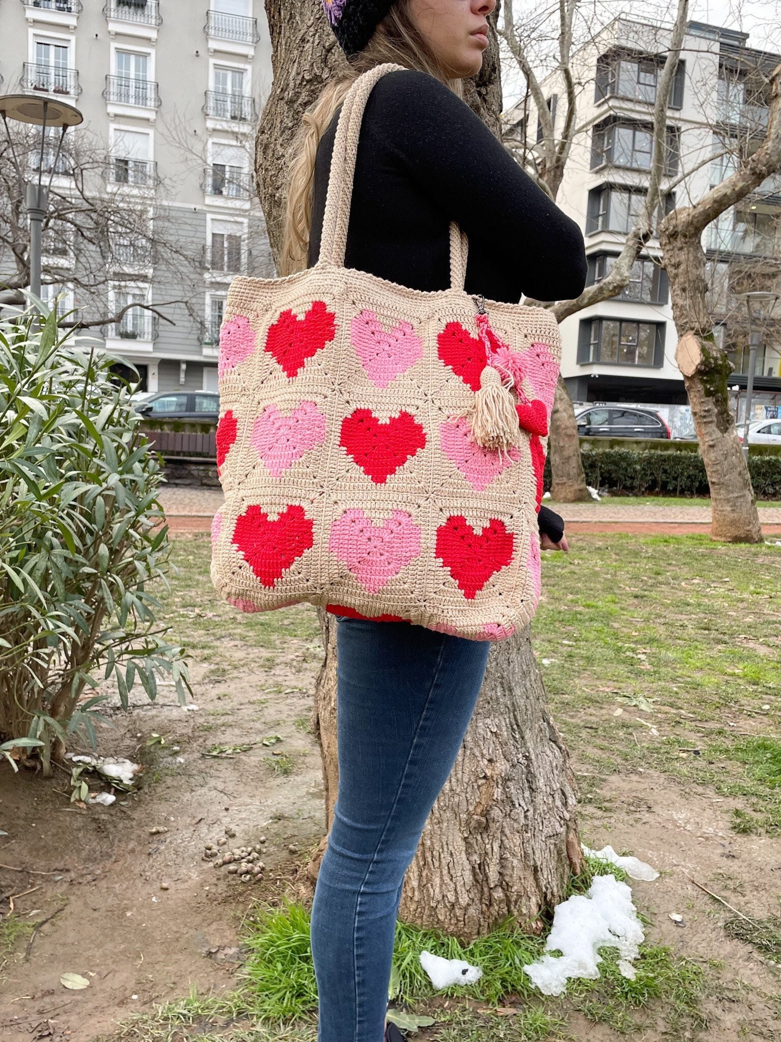 Crochet Heart Tote Bag 