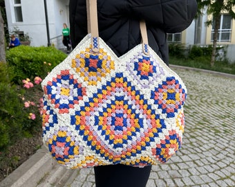 Borsa all'uncinetto afgana, borsa tote, borsa a maglia fatta a mano, borsa all'uncinetto, borsa hippie, stile Boho, borsa quadrata della nonna colorata, borsa vintage