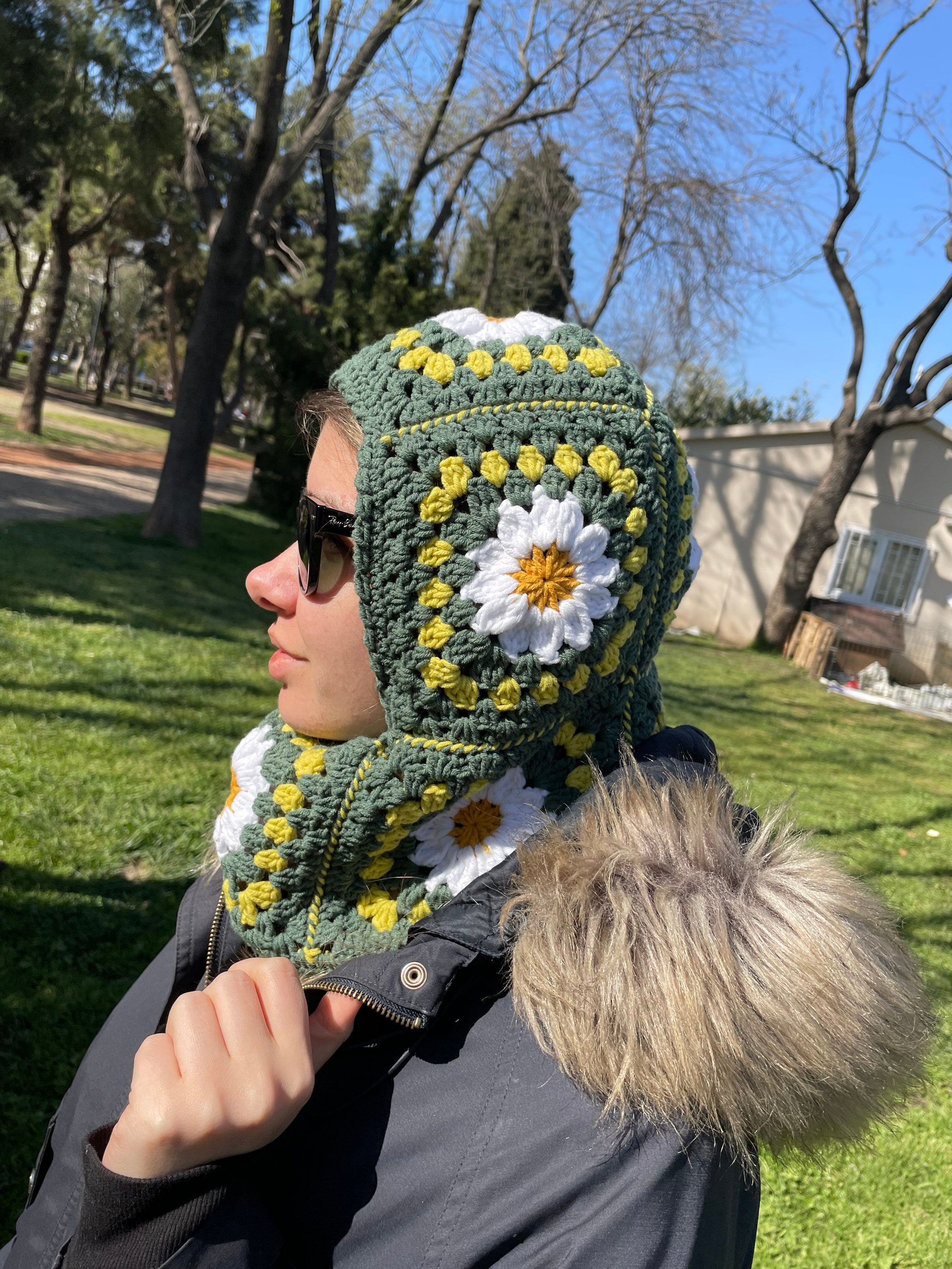 Daisy Balaclava Granny Square Wool Face Cover Crochet Hat Etsy