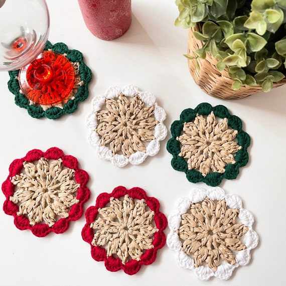 Christmas Crochet Coasters Raffia Floral Mug Rugs Cute - Etsy