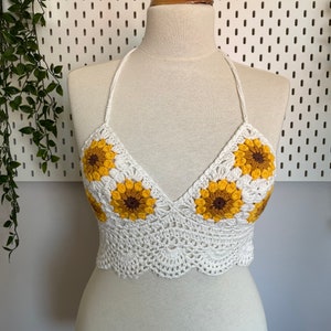 Sunflower Crochet Bustier | Knitted Handmade Crop Top | Festival Clothing | Boho Floral Bra | Natural Summer Crop Top