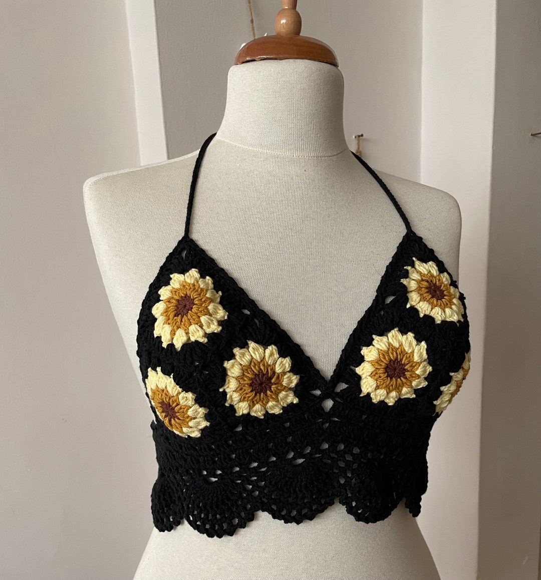 Sunflower Black Crochet Tank Top Knitted Handmade Crop Top Etsy