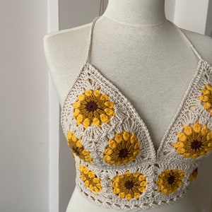 Sunflower Lover Crochet Tank Top Knitted Handmade Crop Top Crochet Bralette Boho Floral Bra Natural Summer Crop Top Handmade Bra image 4