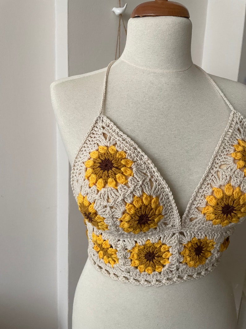 Sunflower Lover Crochet Tank Top Knitted Handmade Crop Top Crochet Bralette Boho Floral Bra Natural Summer Crop Top Handmade Bra image 4