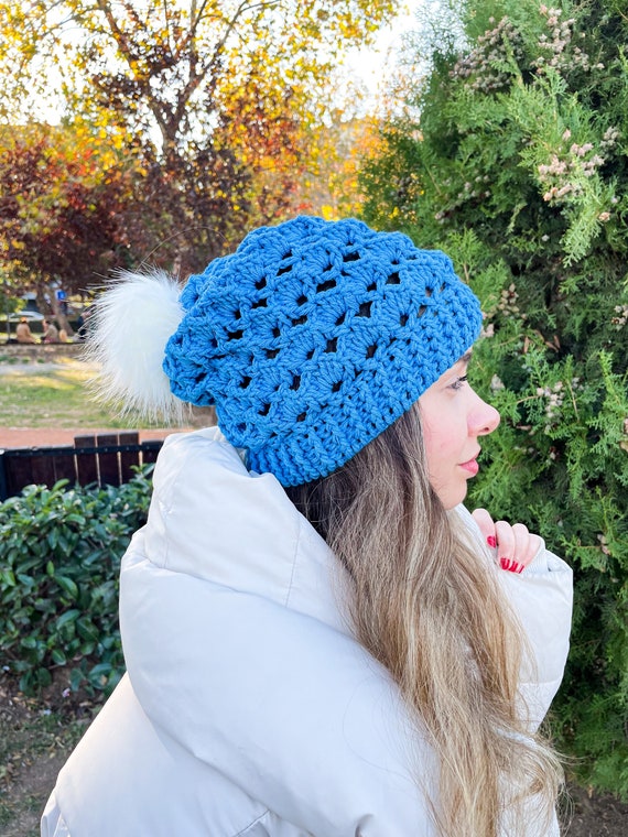 Blue Crochet Slouchy Beanie: Chunky Cotton Winter Hat
