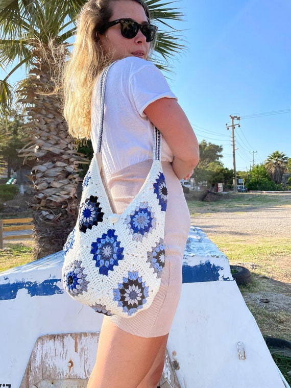 White Blue Crochet Bag / Granny Square Bag / Knitted Women -  Finland