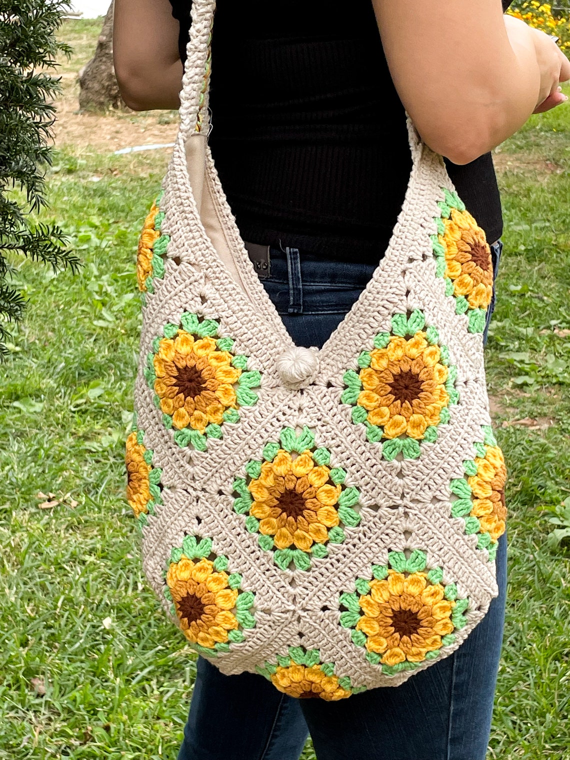 Sunflower Granny Square Crochet Bag Beige Crochet Purse | Etsy