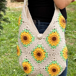Sunflower Granny Square Crochet Bag | Sunny Day Crochet Tote | Boho Shoulder Bag | Handmade Crochet Sunflower Bag  Granny Square Crochet Bag
