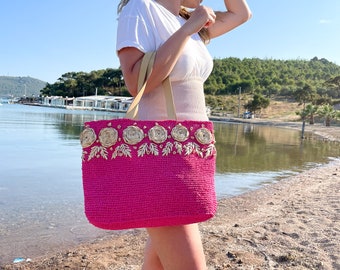 Borsa shopper / borsa a tracolla in rafia all'uncinetto per la spiaggia o come borsa Chic Market