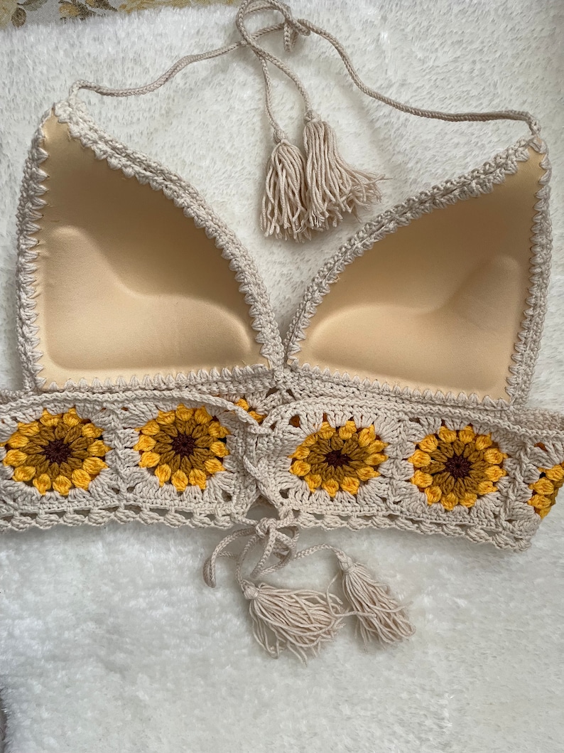 Sunflower Lover Crochet Tank Top Knitted Handmade Crop Top Crochet Bralette Boho Floral Bra Natural Summer Crop Top Handmade Bra image 8