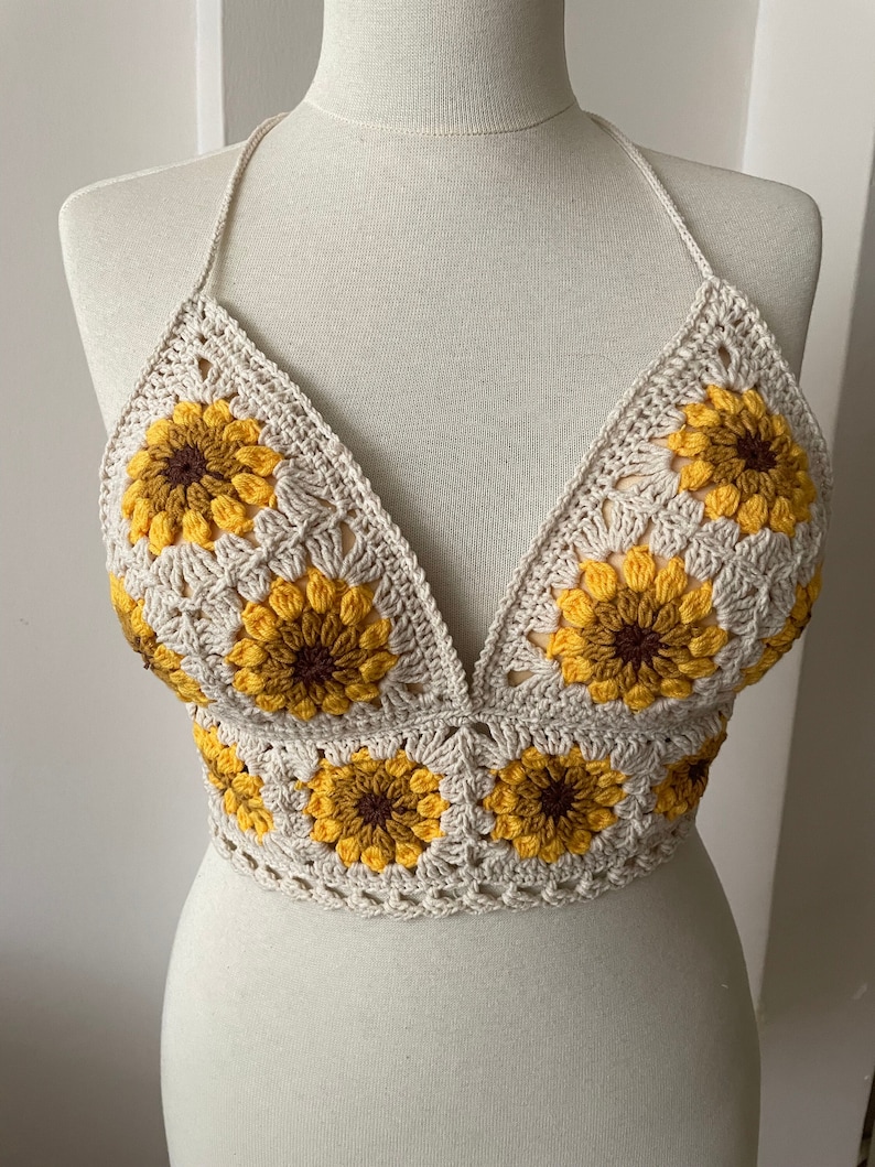 Sunflower Lover Crochet Tank Top Knitted Handmade Crop Top Crochet Bralette Boho Floral Bra Natural Summer Crop Top Handmade Bra image 1