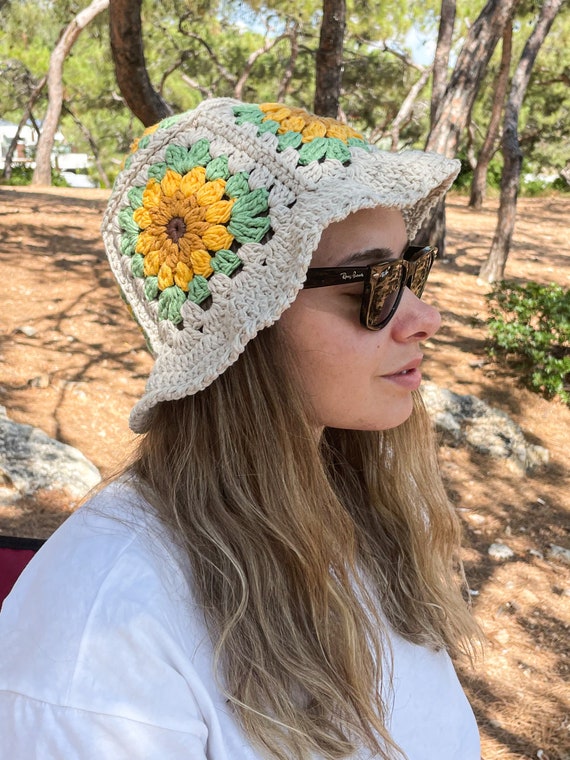 Sunflower Crochet Bucket Hat / Knitted Sun Hat / Granny Square