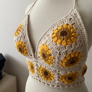 Sunflower Lover Crochet Tank Top Knitted Handmade Crop Top Crochet Bralette Boho Floral Bra Natural Summer Crop Top Handmade Bra image 3