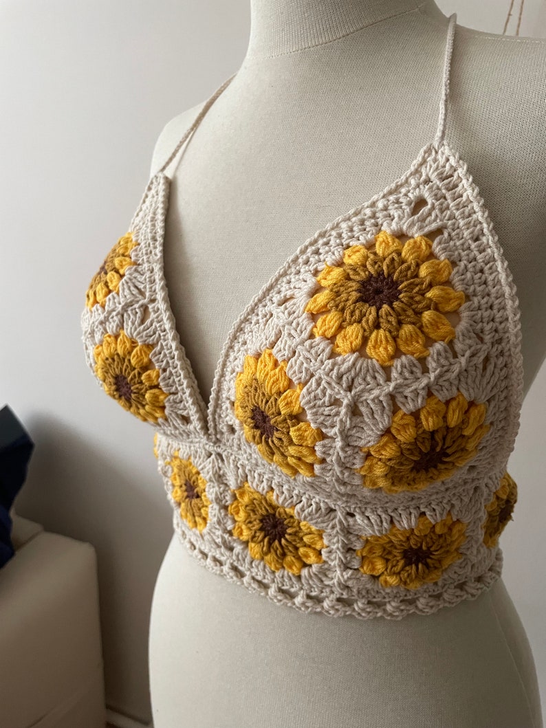 Sunflower Lover Crochet Tank Top Knitted Handmade Crop Top Crochet Bralette Boho Floral Bra Natural Summer Crop Top Handmade Bra image 3