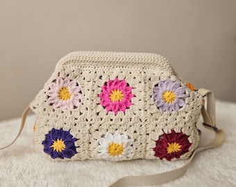 Colorful Granny Square Crochet Clasp Clutch and Crossbody Bag / All Day Toiletry Pouch in Boho Style/ Natural Handknitted Clutch