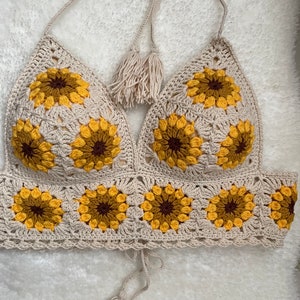 Sunflower Lover Crochet Tank Top Knitted Handmade Crop Top Crochet Bralette Boho Floral Bra Natural Summer Crop Top Handmade Bra image 7