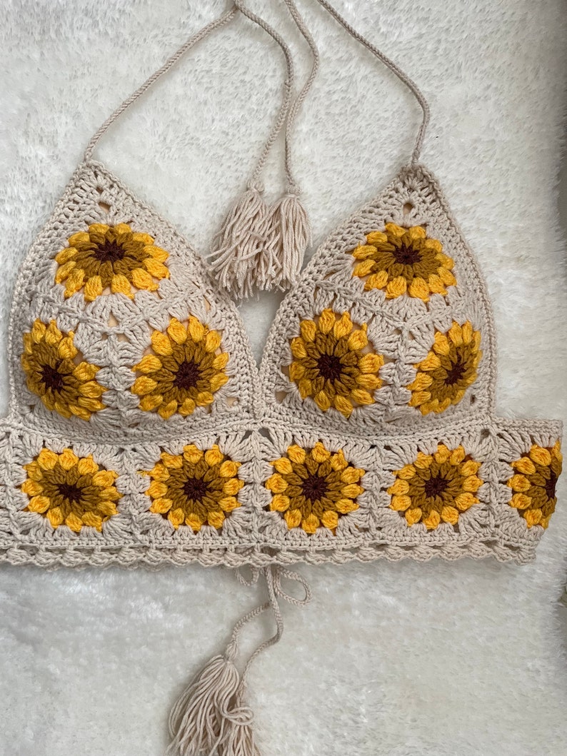 Sunflower Lover Crochet Tank Top Knitted Handmade Crop Top Crochet Bralette Boho Floral Bra Natural Summer Crop Top Handmade Bra image 7