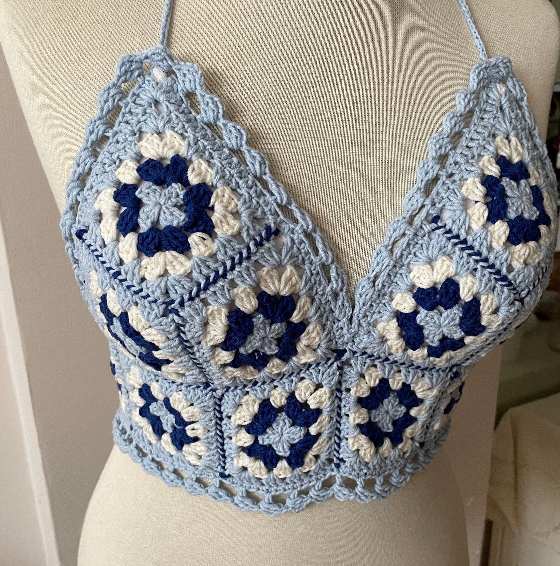 Blue White Crochet Tank Top Knitted Handmade Crop Top Evil Eye