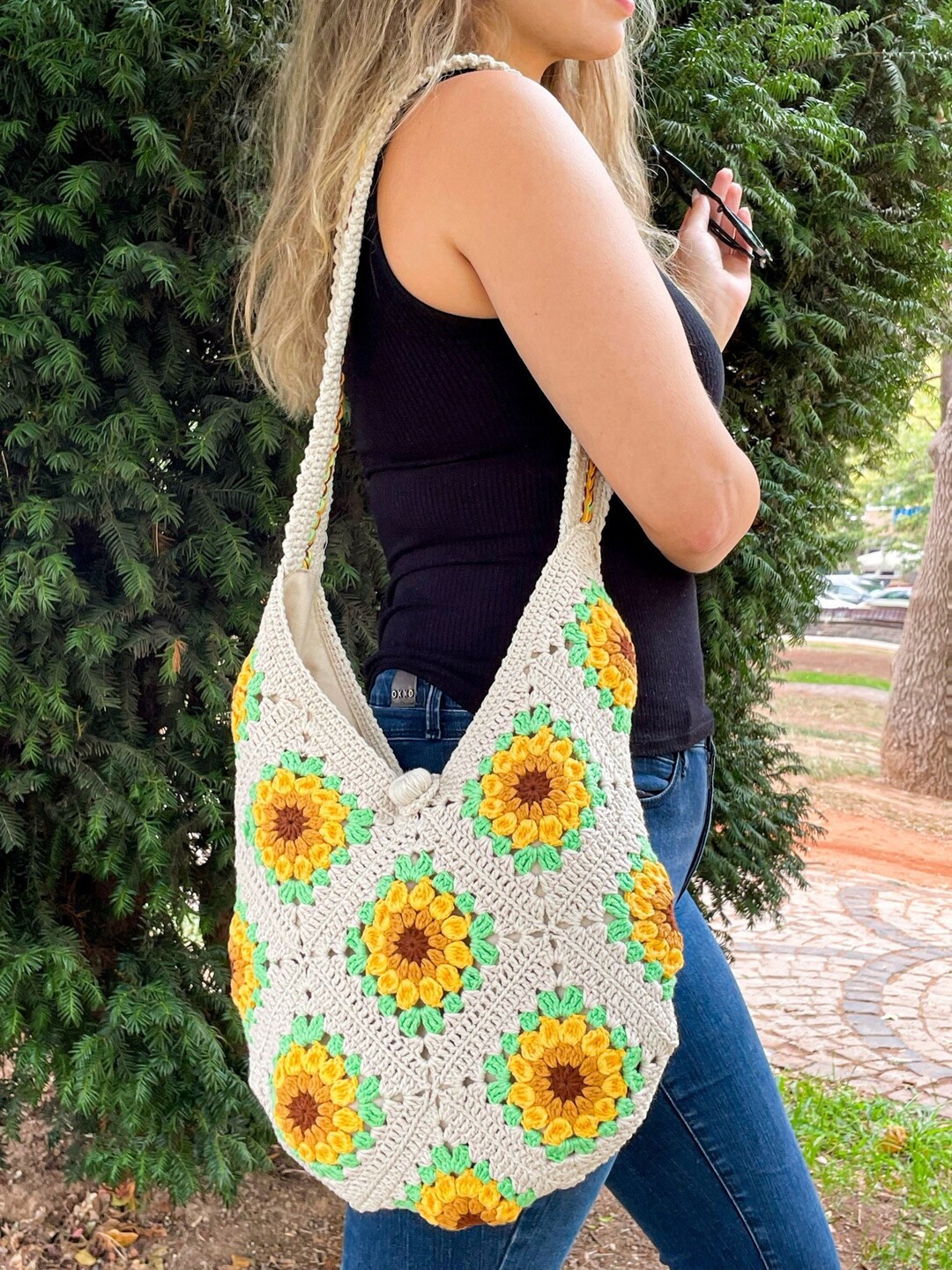 Sunflower Granny Square Crochet Bag Beige Crochet Purse Tote Bag Hobo