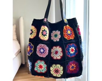 Afghan Crochet Bag, Tote Bag, Large Handmade Knitted Bag, Crochet Purse, Hippie Bag, Bohemian Bag, Granny Square Purse , Gift for Birthday