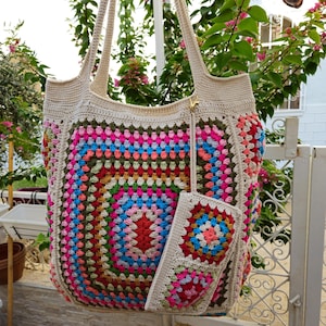 Colorful Crochet Bag | Shoper bag with Colorful granny stiches | Carry-All Crochet Bag | Bohemian Style | Hippie Bag | Crochet Purse |