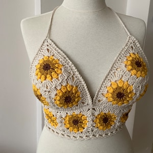 Sunflower Lover Crochet Tank Top Knitted Handmade Crop Top Crochet Bralette Boho Floral Bra Natural Summer Crop Top Handmade Bra image 2