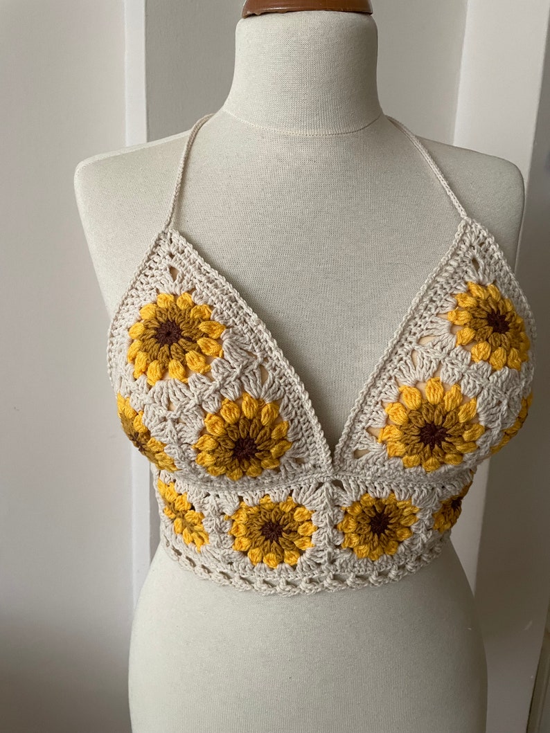 Sunflower Lover Crochet Tank Top Knitted Handmade Crop Top Crochet Bralette Boho Floral Bra Natural Summer Crop Top Handmade Bra image 2