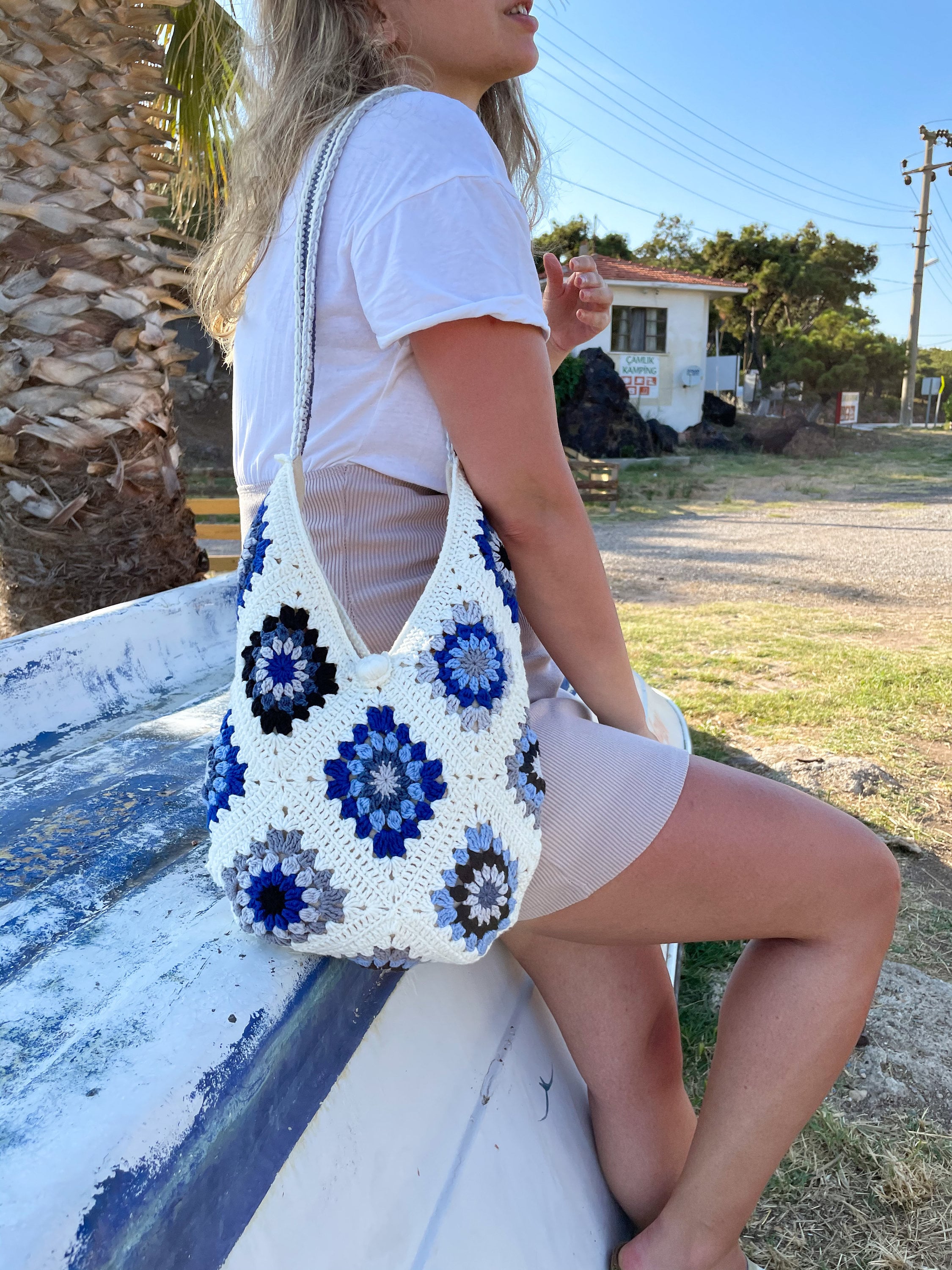 White Blue Crochet Bag / Granny Square Bag / Knitted Women -  Finland