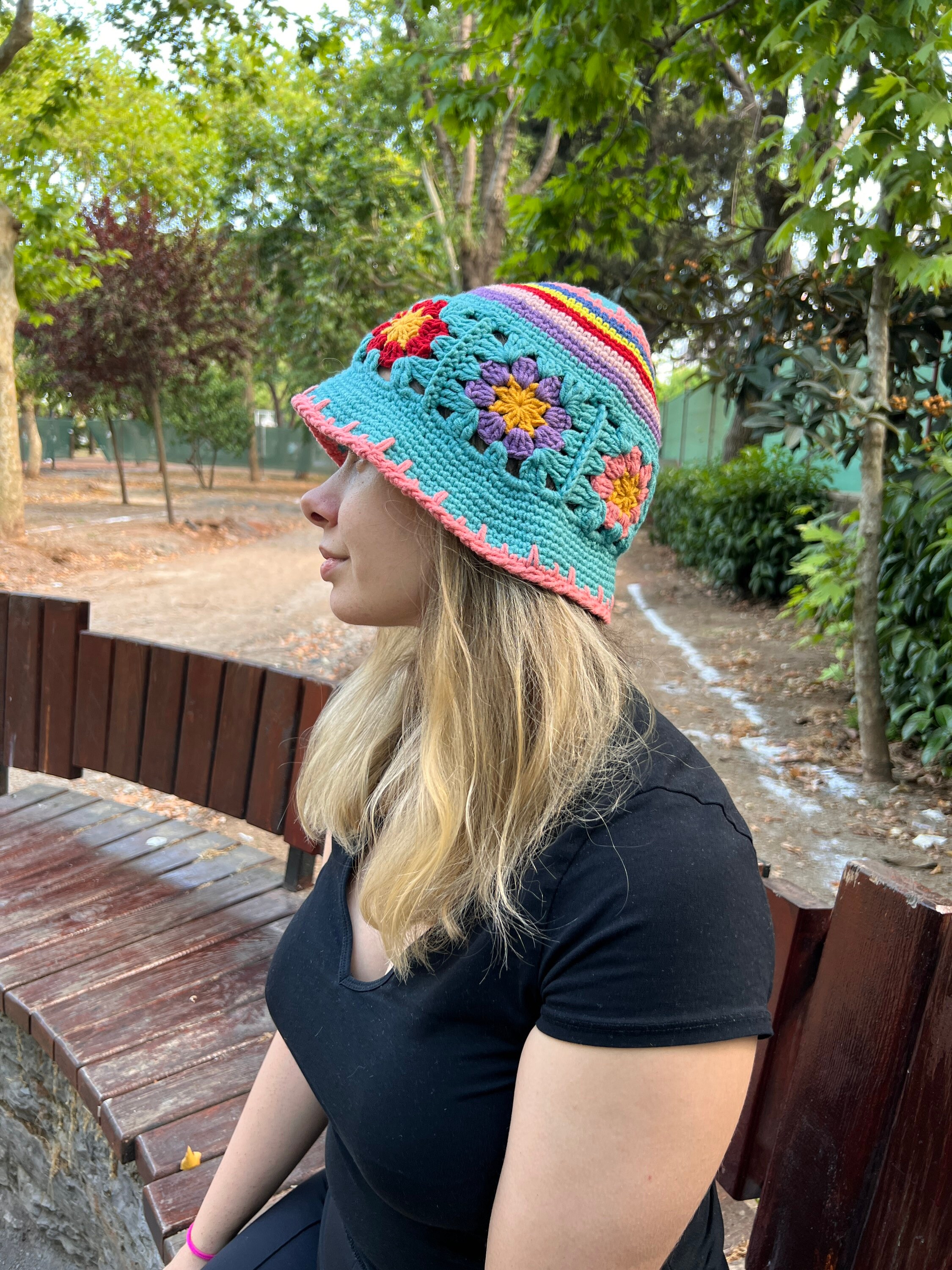 Blue Floral Crochet Bucket Hat / Knitted Sun Hat / Granny