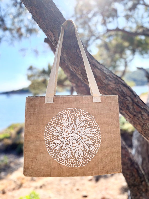 Beautiufl brown handmade jute bag with lace design || Rural Handmade-Redefine  Supply to Build Sustainable Brands