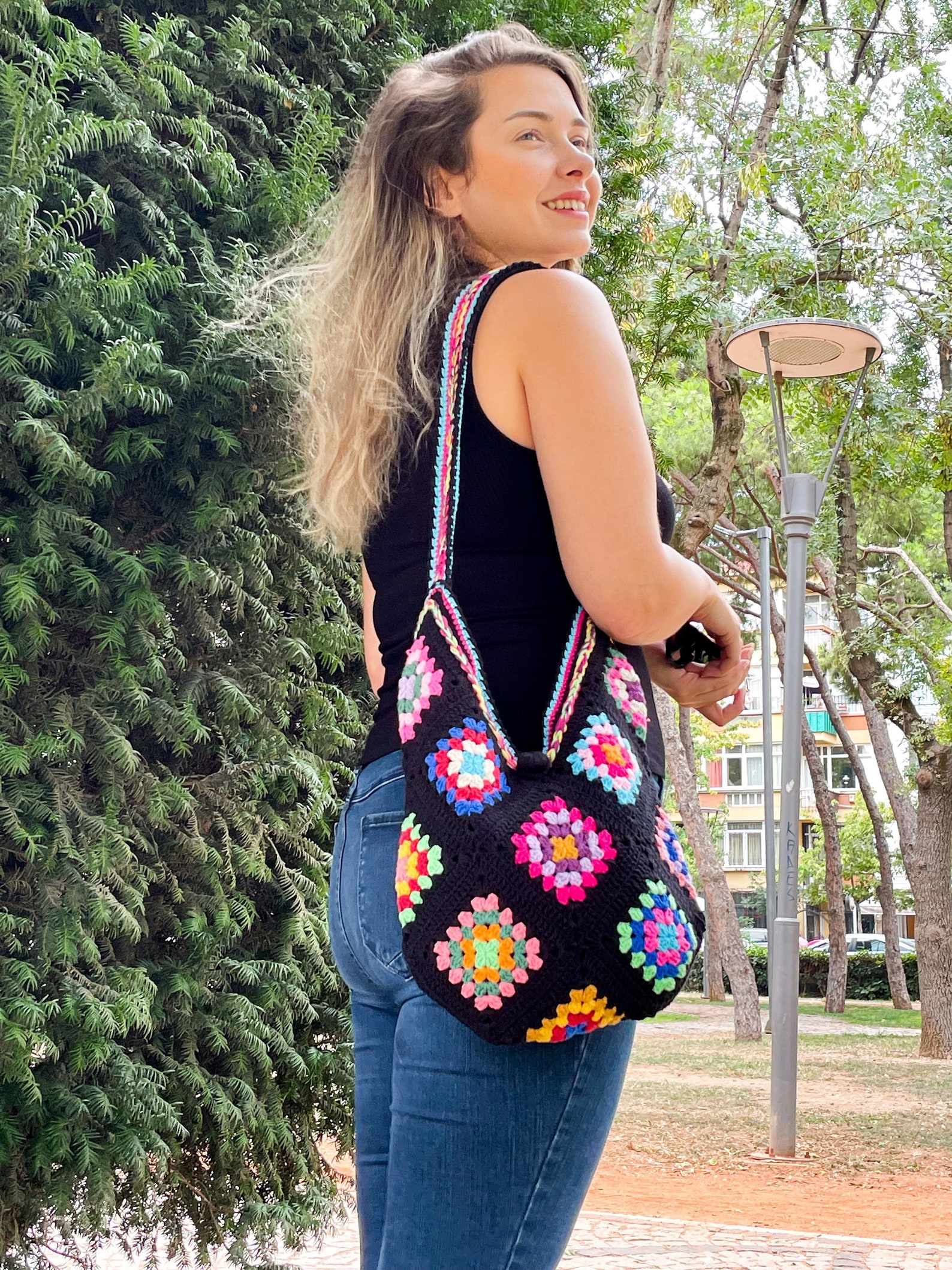 Black Colorful Granny Square Crochet Bag Knit Shoulder Bag - Etsy