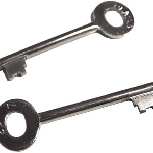 May include: Two silver keys with a simple design. The keys have a round head with a hole in the center and a straight shaft with a small, serrated key bit at the end.