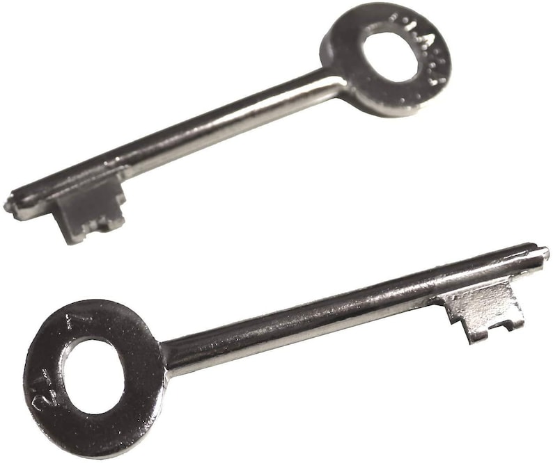 May include: Two silver keys with a simple design. The keys have a round head with a hole in the center and a straight shaft with a small, serrated key bit at the end.