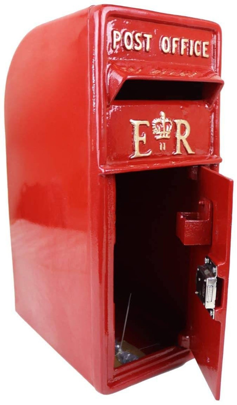 May include: Red cast iron mailbox with a gold "POST OFFICE" sign and "E II R" inscription. The mailbox has a hinged door that is open.