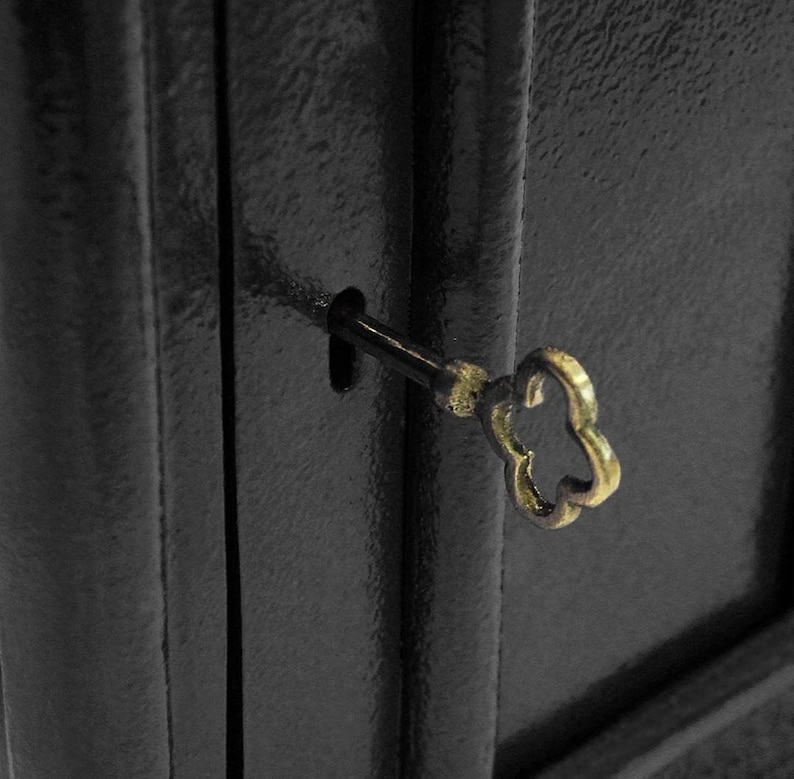 May include: A black metal cabinet door with a keyhole and a gold-colored key inserted. The key has a decorative, flower-shaped head.