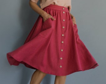 Button front linen skirt CAPRI, Midi length linen skirt, Skirt with pockets