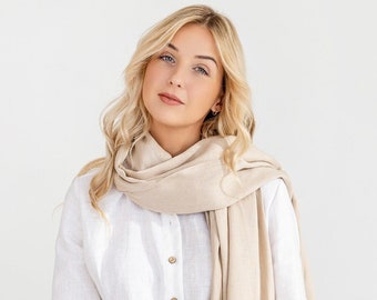 Linen scarf in natural color / Wide scarf / Washed linen scarf / Linen shawl / Natural linen scarf