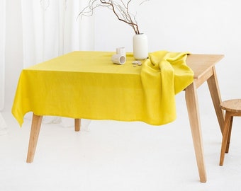 Nappe en lin jaune, Lin lavé à la pierre, Nappe de taille personnalisée, Nappe à manger naturelle, Nappe de mariage