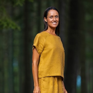 Amber yellow NORA blouse. Loose summer top. Linen top for woman. image 1