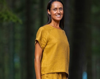 Amber yellow NORA blouse. Loose summer top. Linen top for woman.